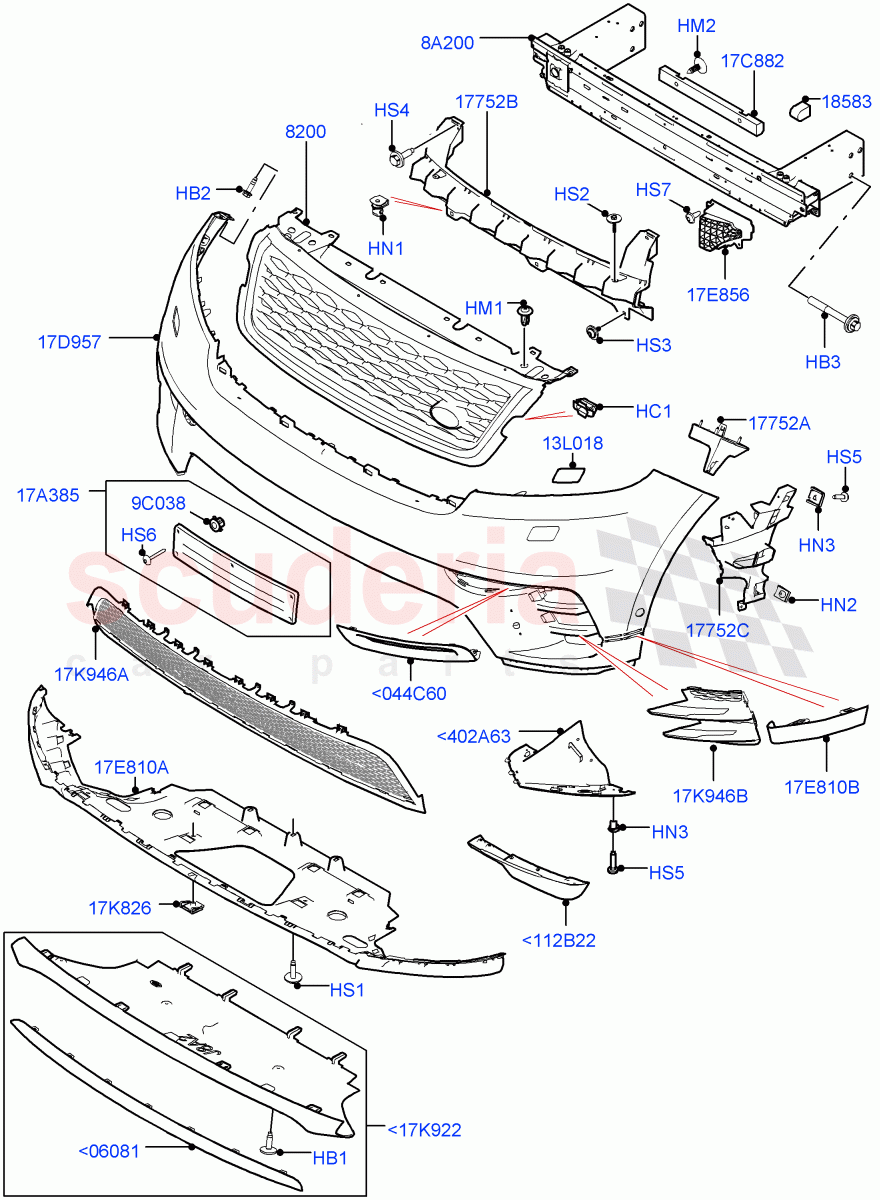 Radiator Grille And Front Bumper(Front Bumper-Steel-Black,Front Bumper-NBk/GlBk/Cop/GlBk/Satl,Bumpers-Gry/Noble Blk/Gloss Blk/COP,Grille-Platinum Atlas) of Land Rover Land Rover Range Rover Velar (2017+) [2.0 Turbo Diesel]