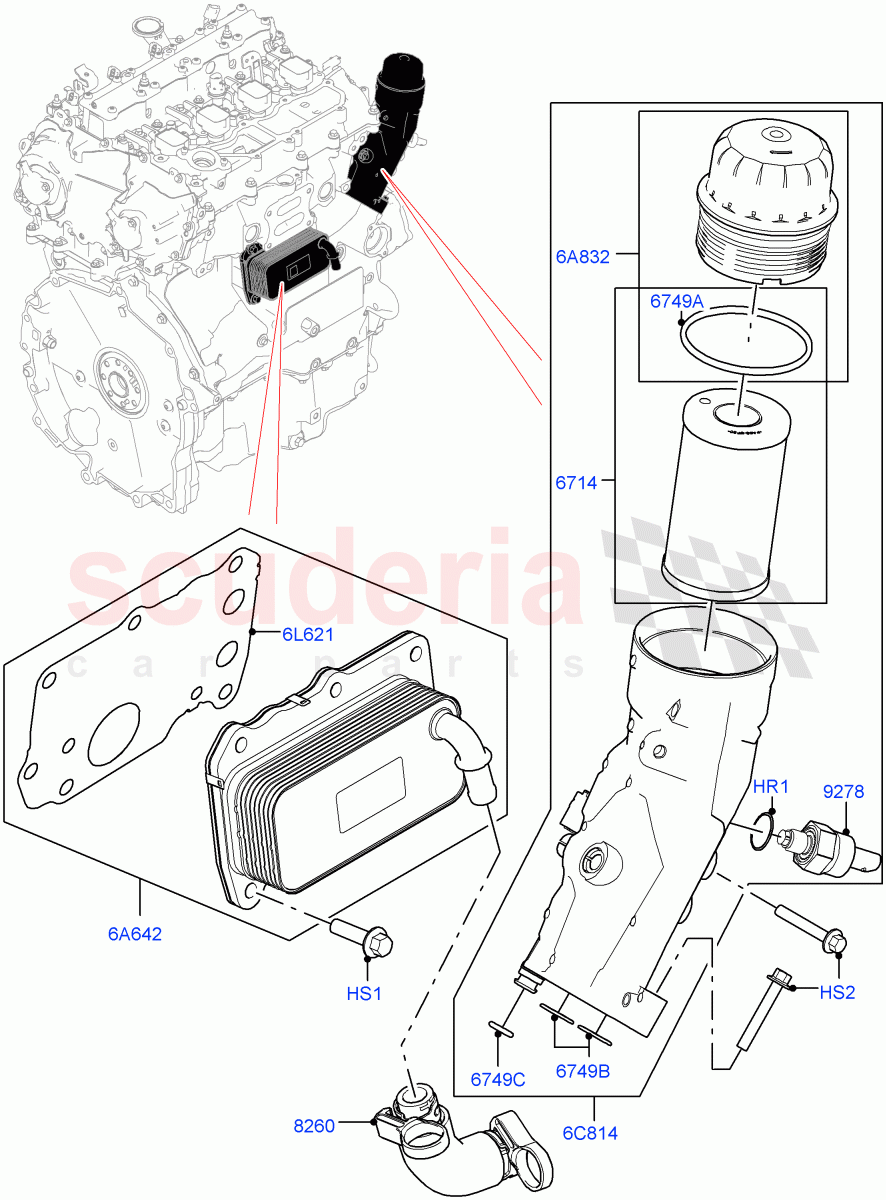 Oil Cooler And Filter (2.0L I4 Mid AJ200 Petrol E100, Itatiaia (Brazil), 2.0L I4 Mid DOHC AJ200 Petrol) ((V) FROMJT000001) of Land Rover Land Rover Range Rover Evoque (2012-2018) [2.0 Turbo Petrol AJ200P]