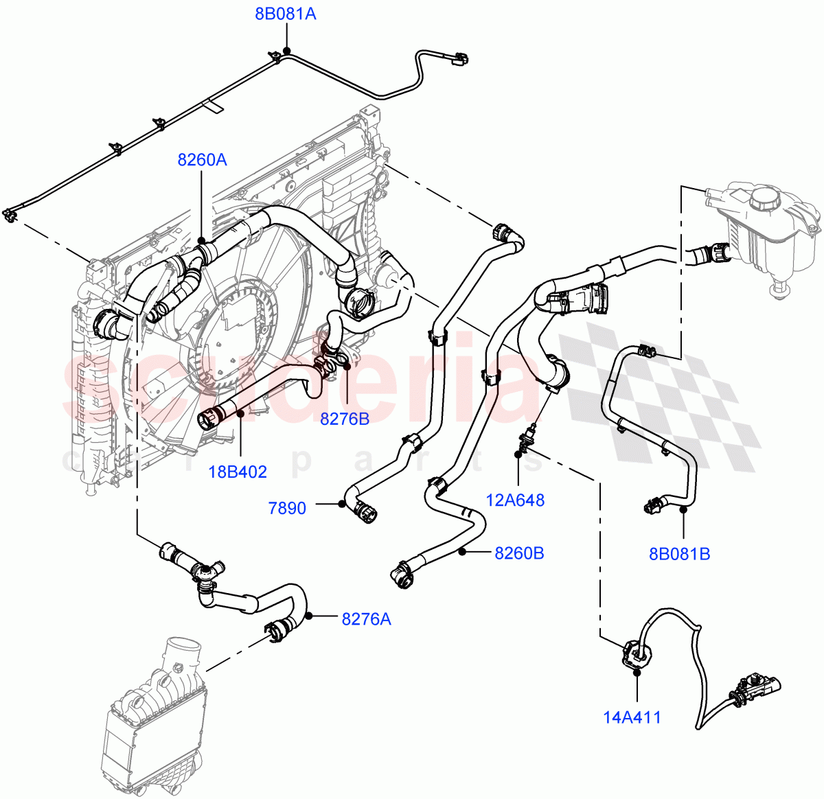 Cooling System Pipes And Hoses (2.0L AJ20D4 Diesel Mid PTA, 9 Speed Auto Trans 9HP50, Halewood (UK), Low Engine Cooling, Fuel Tank-Diesel, 2.0L AJ20D4 Diesel LF PTA, Medium Engine Cooling, High Engine Cooling) of Land Rover Land Rover Discovery Sport (2015+) [2.0 Turbo Diesel]