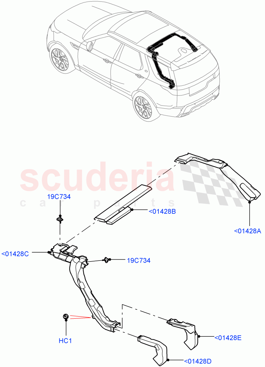 Air Vents, Louvres And Ducts(Nitra Plant Build, Internal Components, Headliner)(Premium Air Conditioning-Front/Rear)((V)FROMK2000001) of Land Rover Land Rover Discovery 5 (2017+) [2.0 Turbo Diesel]