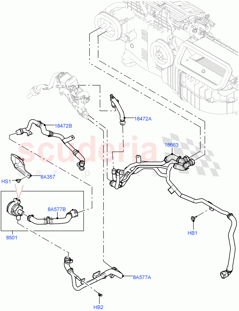 Heater Hoses (Front) (3.0L AJ20P6 Petrol High, Fuel Heater W/Pk Heat With Remote, With Front Comfort Air Con (IHKA), Fuel Fired Heater With Park Heat, With Air Conditioning - Front/Rear) ((V) FROMKA000001) of Land Rover Land Rover Range Rover (2012-2021) [3.0 I6 Turbo Diesel AJ20D6]
