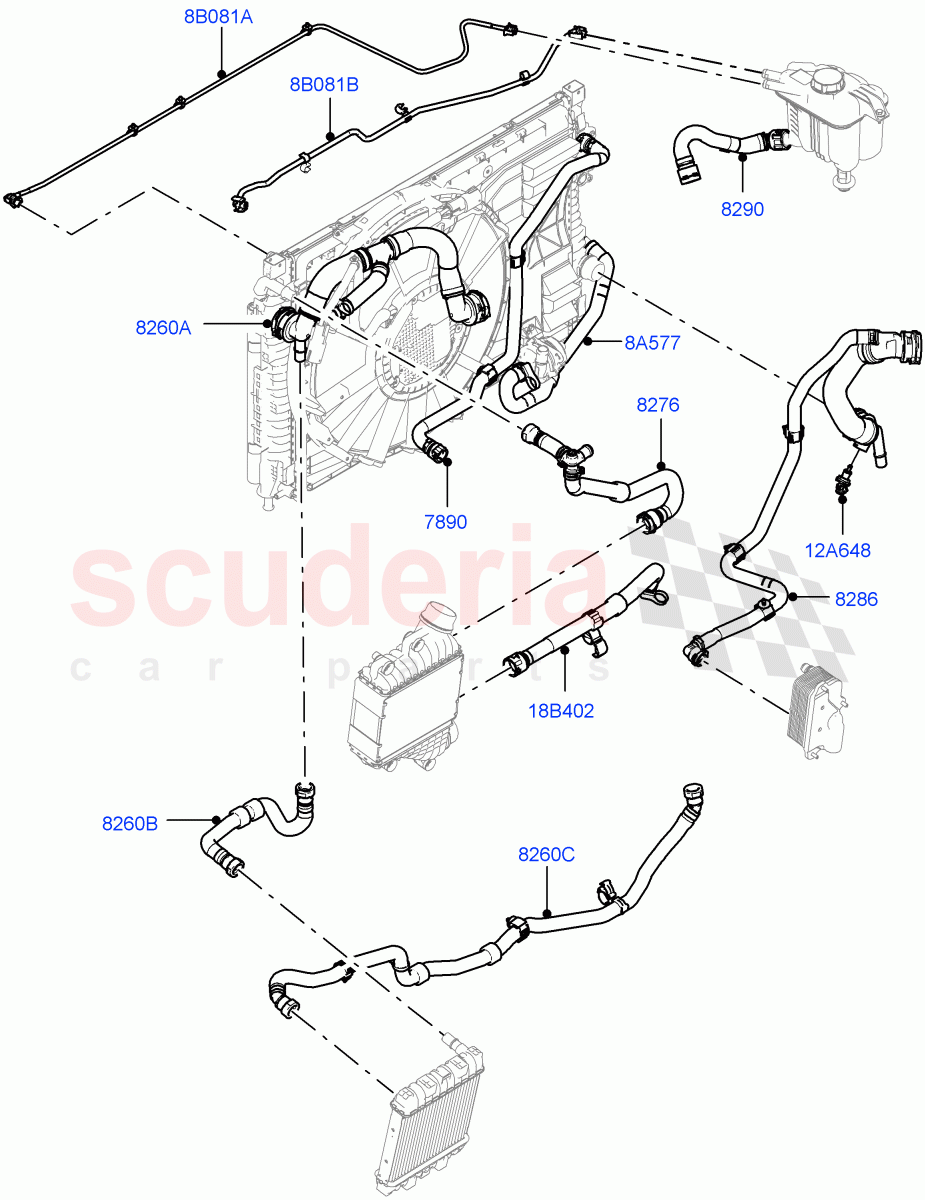 Cooling System Pipes And Hoses (2.0L AJ20P4 Petrol High PTA, Changsu (China), Low Engine Cooling, Less Active Tranmission Warming, Medium Engine Cooling, High Engine Cooling, 2.0L AJ20P4 Petrol E100 PTA) of Land Rover Land Rover Range Rover Evoque (2019+) [2.0 Turbo Petrol AJ200P]