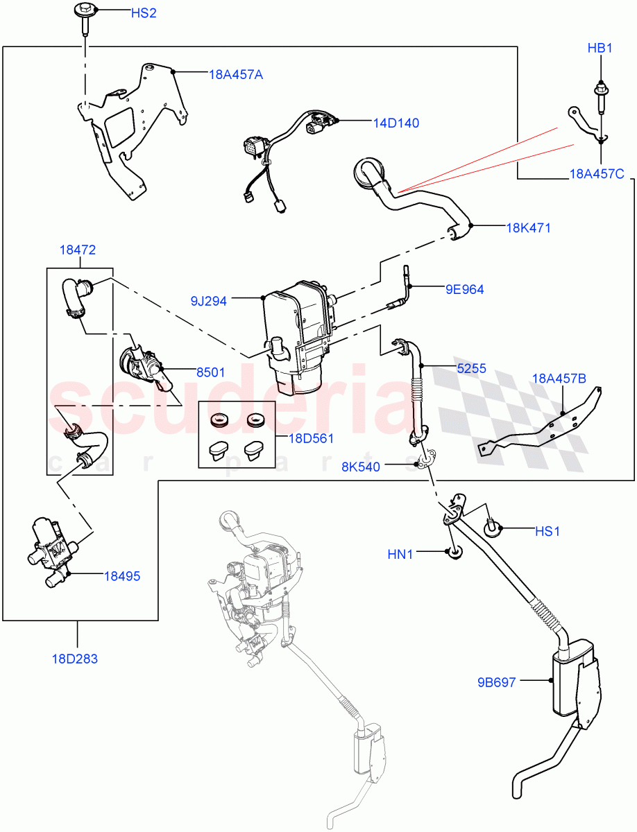 Auxiliary Fuel Fired Pre-Heater (Nitra Plant Build) (2.0L I4 High DOHC AJ200 Petrol, Fuel Fired Heater With Park Heat, 3.0L DOHC GDI SC V6 PETROL, With Fuel Fired Heater, Fuel Heater W/Pk Heat With Remote, 3.0L AJ20P6 Petrol High) ((V) FROMK2000001) of Land Rover Land Rover Discovery 5 (2017+) [2.0 Turbo Diesel]