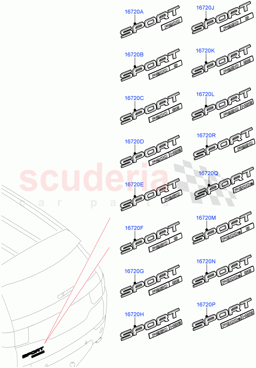 Name Plates (Halewood (UK), Badge-Engine Power Petrol 200 PS, Badge-Engine Power Petrol 300E PS, Badge-Engine Power Petrol 250 PS, Badge-Engine Power Petrol 290 PS) ((V) FROMLH000001) of Land Rover Land Rover Discovery Sport (2015+) [2.2 Single Turbo Diesel]