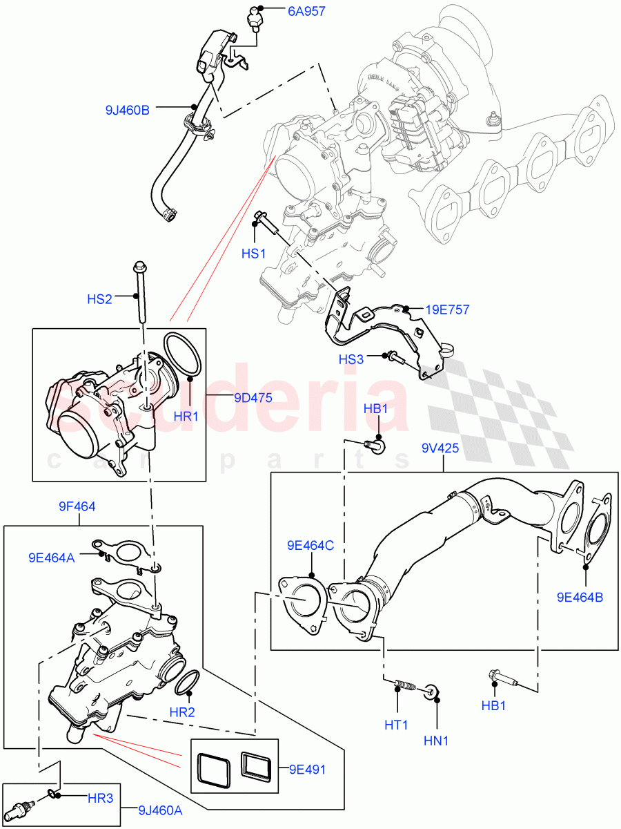 Exhaust Gas Recirculation(RH Side)(2.0L I4 DSL HIGH DOHC AJ200,EU6D Diesel + DPF Emissions,2.0L I4 DSL MID DOHC AJ200,Japanese Emission + DPF,Stage V Plus DPF,EU6 + DPF Emissions,DPF + DE-SOX,LEV 160,L6 Diesel Emissions)((V)FROMJA000001) of Land Rover Land Rover Range Rover Velar (2017+) [2.0 Turbo Diesel]