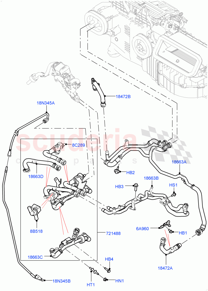 Heater Hoses (2.0L I4 High DOHC AJ200 Petrol, With Fuel Fired Heater, With Manual Air Conditioning, Premium Air Conditioning-Front/Rear, With Front Comfort Air Con (IHKA)) ((V) FROMJA000001, (V) TOJA999999) of Land Rover Land Rover Discovery 5 (2017+) [3.0 I6 Turbo Diesel AJ20D6]