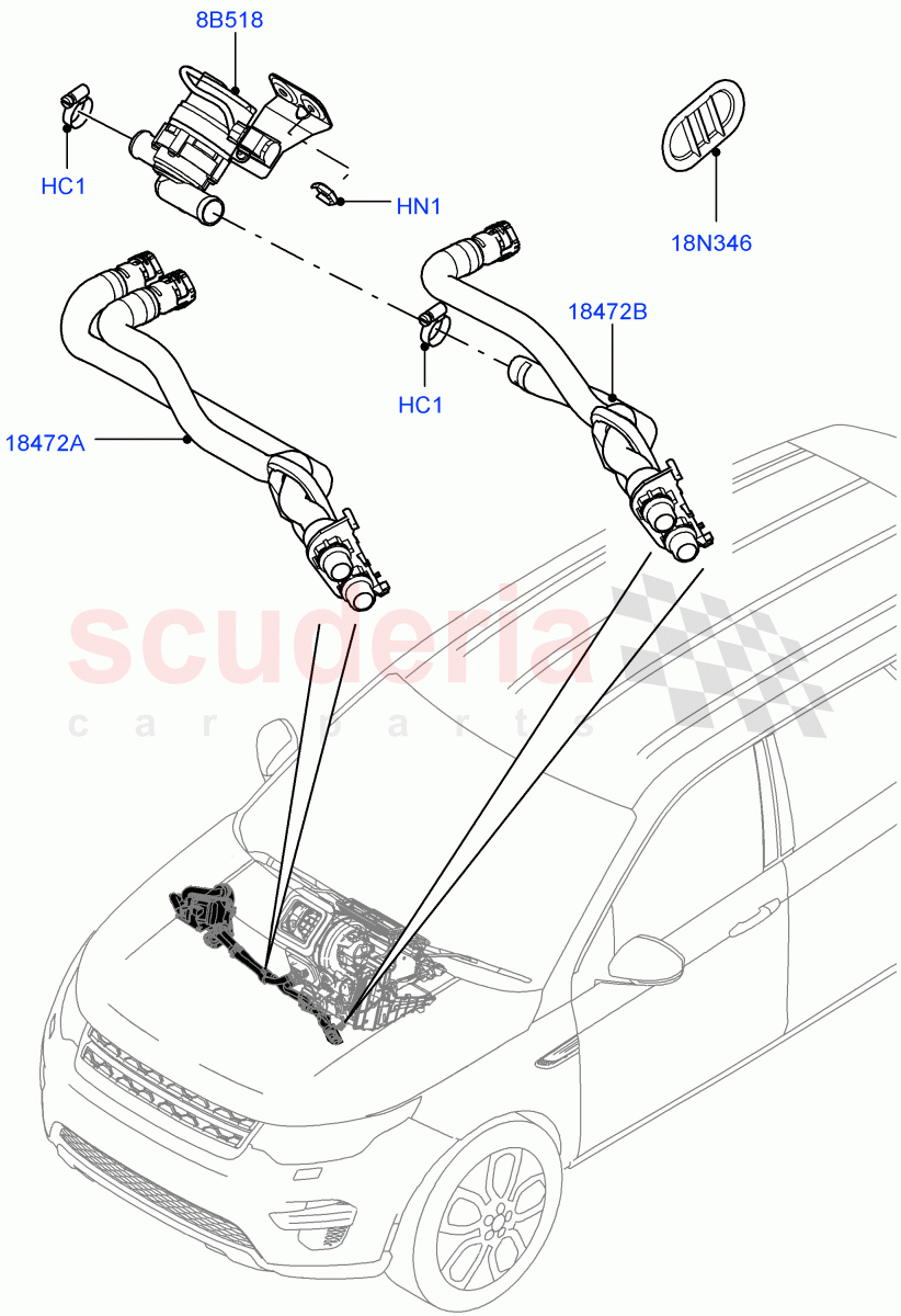 Heater Hoses (2.0L I4 DSL MID DOHC AJ200, Itatiaia (Brazil), 2.0L 16V TIVCT T/C 240PS Petrol, 2.0L I4 DSL HIGH DOHC AJ200) ((V) FROMGT000001) of Land Rover Land Rover Discovery Sport (2015+) [1.5 I3 Turbo Petrol AJ20P3]