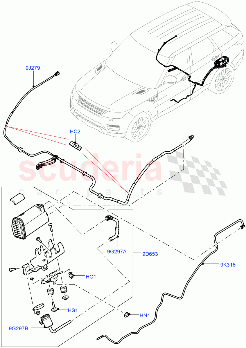 Fuel Lines (Rear, Middle East And North Africa (MENA) Markets) (3.0L DOHC GDI SC V6 PETROL, (+) "RL", Fuel Tank Filler Neck - DMTL, (+) "SAU", (+) "KWT", (+) "ARE", (+) "QAT", (+) "BRN", (+) "Y", (+) "OMN", (+) "JOR") ((V) FROMJA000001, (V) TOJA999999) of Land Rover Land Rover Range Rover Sport (2014+) [3.0 DOHC GDI SC V6 Petrol]