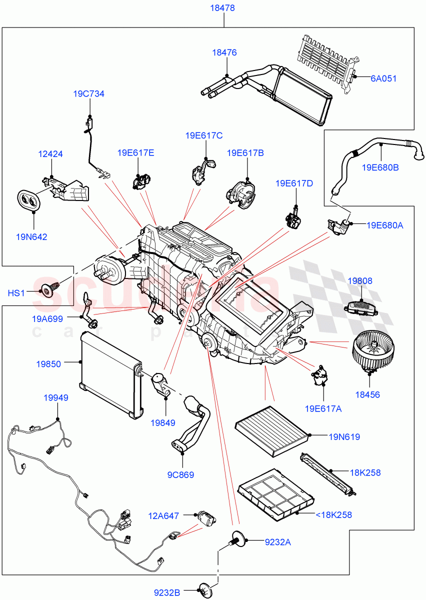 Heater/Air Cond.Internal Components(Heater Main Unit)(With Front Comfort Air Con (IHKA))((V)TOLA999999) of Land Rover Land Rover Range Rover Velar (2017+) [3.0 I6 Turbo Petrol AJ20P6]