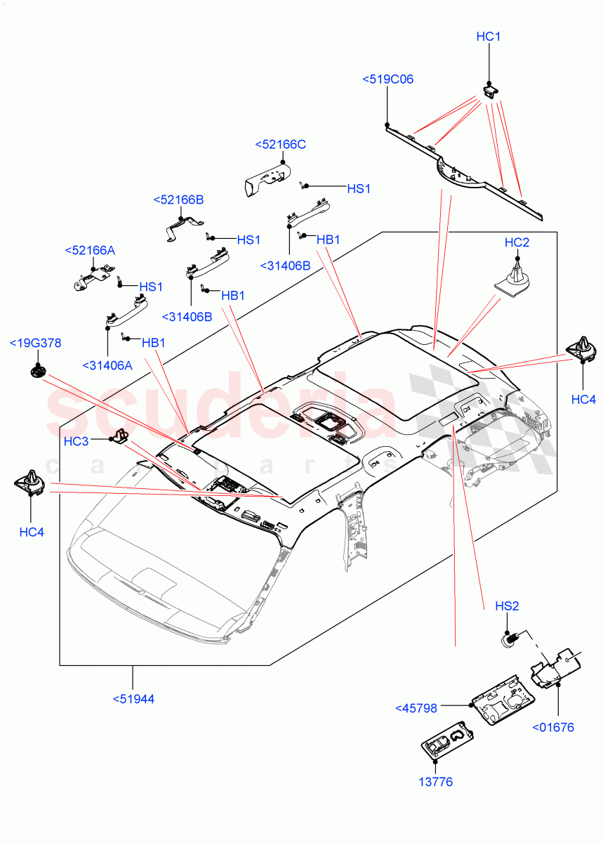 Headlining And Sun Visors (Nitra Plant Build) (Roof Conv-Power Open Front/Rear Pan, With Third Row Power Folding Seat, With 5 Seat Configuration, With 3rd Row Double Seat, With 7 Seat Configuration, Roof Conv-Front And Rear Panoramic, Less 3rd Row Rear Seat) ((V) FROMK2000001) of Land Rover Land Rover Discovery 5 (2017+) [2.0 Turbo Petrol AJ200P]