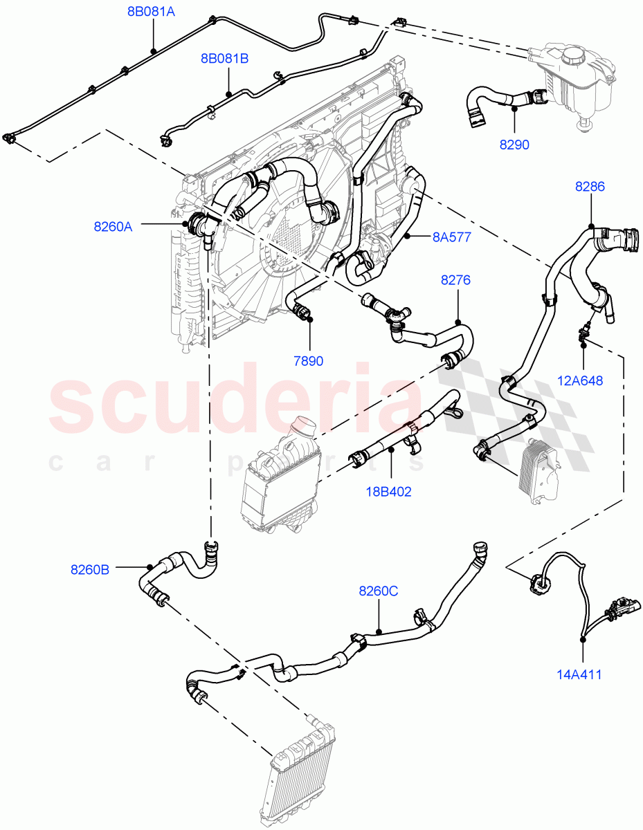 Cooling System Pipes And Hoses (2.0L AJ20P4 Petrol Mid PTA, Halewood (UK), Extra High Engine Cooling, Less Active Tranmission Warming, 2.0L AJ20P4 Petrol E100 PTA) of Land Rover Land Rover Range Rover Evoque (2019+) [2.0 Turbo Petrol AJ200P]
