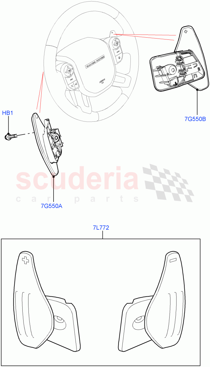 Gear Change-Automatic Transmission (Solihull Plant Build, Steering Wheel) (8 Speed Auto Trans ZF 8HP70 4WD, Paddle Shift, 8 Speed Auto Trans ZF 8HP70 HEV 4WD, Paddle Shift - Noble, Paddle shift - Aluminium) ((V) FROMAA000001) of Land Rover Land Rover Discovery 5 (2017+) [3.0 I6 Turbo Petrol AJ20P6]