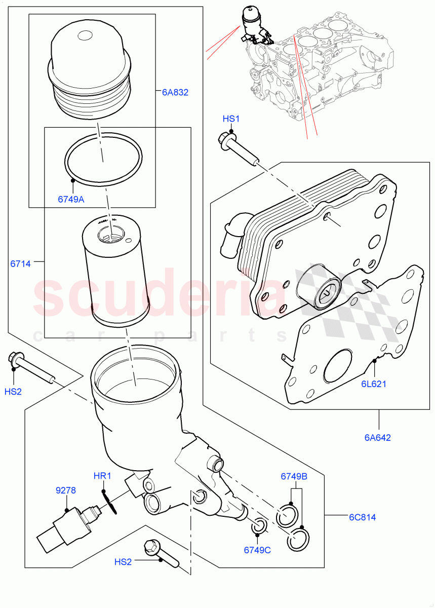 Oil Cooler And Filter (Solihull Plant Build) (2.0L I4 DSL HIGH DOHC AJ200, 2.0L I4 DSL MID DOHC AJ200) ((V) FROMHA000001) of Land Rover Land Rover Range Rover Velar (2017+) [2.0 Turbo Diesel]