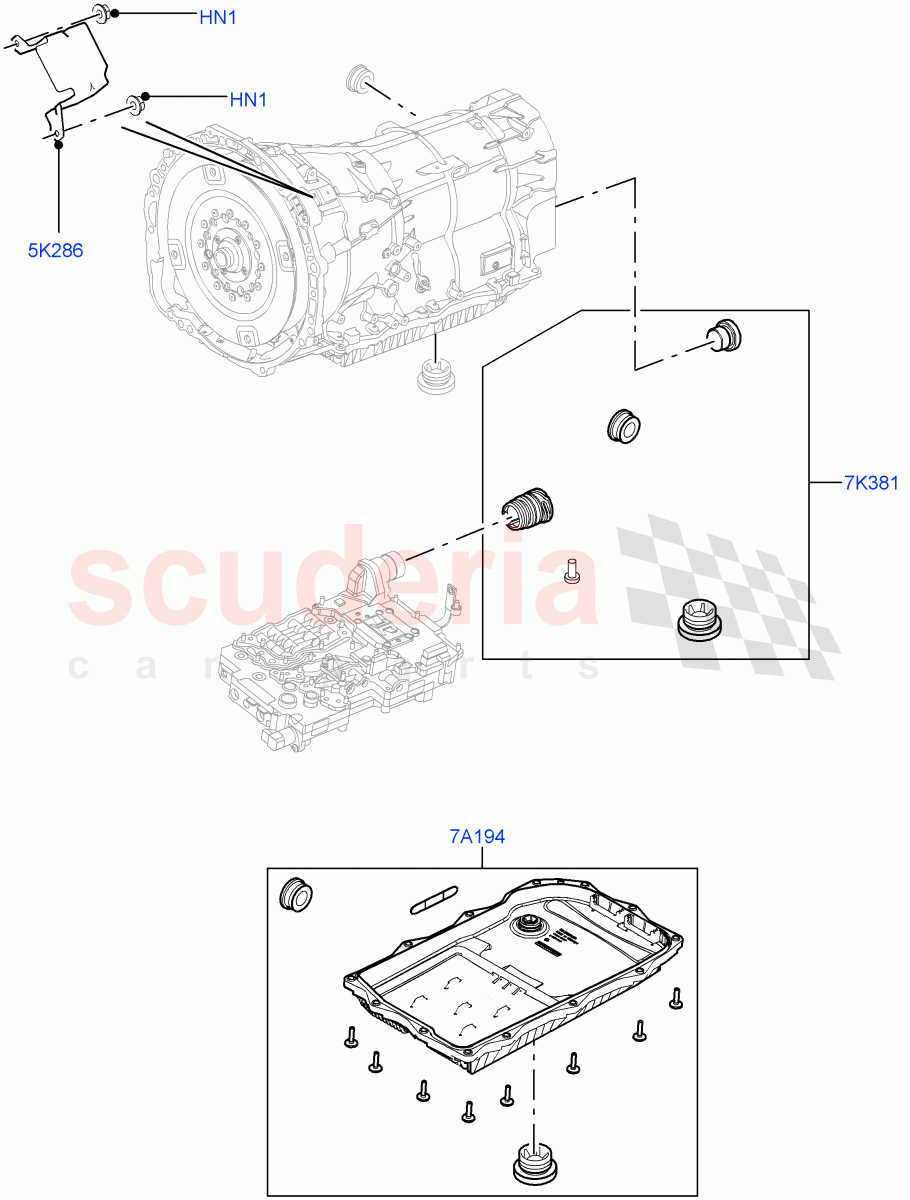 Transmission External Components (3.0 V6 D Gen2 Twin Turbo, 8 Speed Auto Trans ZF 8HP70 HEV 4WD, 3.0 V6 D Gen2 Mono Turbo, 3.0 V6 Diesel Electric Hybrid Eng) ((V) FROMEA000001) of Land Rover Land Rover Range Rover (2012-2021) [5.0 OHC SGDI NA V8 Petrol]