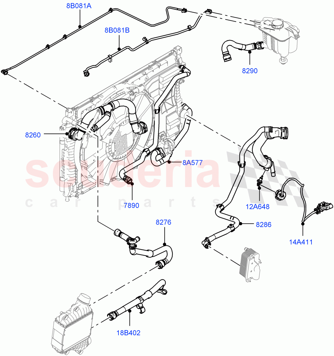 Cooling System Pipes And Hoses (2.0L AJ20P4 Petrol Mid PTA, Halewood (UK), Low Engine Cooling, Less Active Tranmission Warming, Medium Engine Cooling, High Engine Cooling, 2.0L AJ20P4 Petrol E100 PTA) of Land Rover Land Rover Discovery Sport (2015+) [2.0 Turbo Petrol AJ200P]
