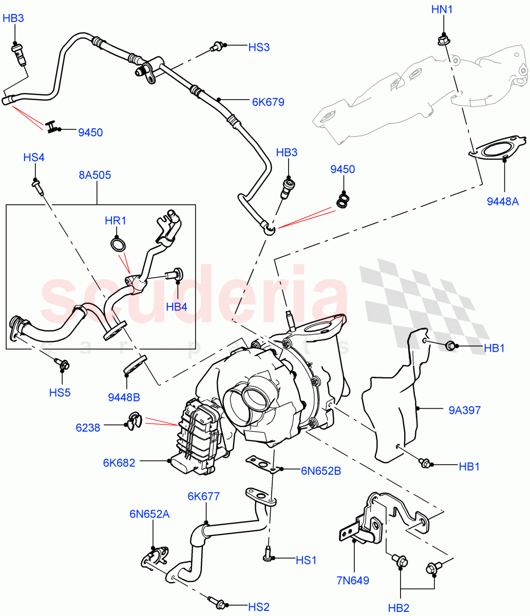 Turbocharger (LH Side - Primary, Solihull Plant Build) (3.0 V6 D Gen2 Twin Turbo) ((V) FROMFA000001) of Land Rover Land Rover Discovery 5 (2017+) [3.0 Diesel 24V DOHC TC]