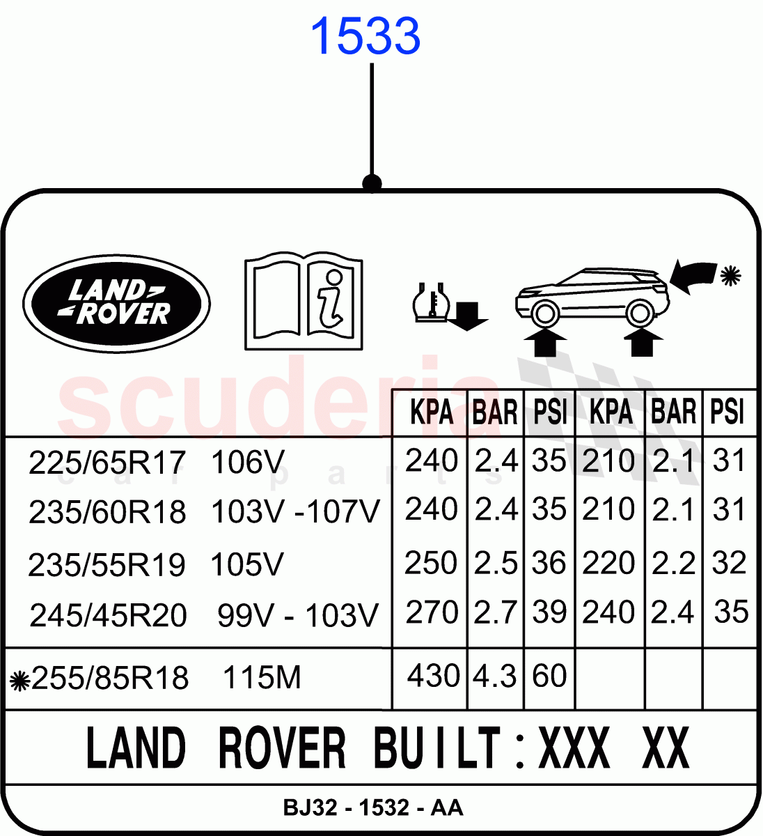 Labels (Tyre Pressure Label) (Changsu (China)) ((V) FROMEG000001) of Land Rover Land Rover Range Rover Evoque (2012-2018) [2.0 Turbo Diesel]