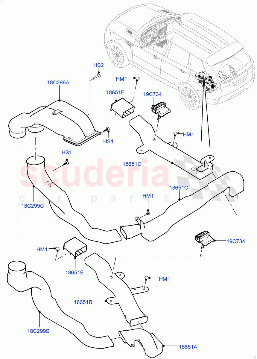 Air Vents, Louvres And Ducts (Internal Components, Under Rear Seat) (With 7 Seat Configuration, Premium Air Conditioning-Front/Rear) ((V) FROMKA000001) of Land Rover Land Rover Range Rover Sport (2014+) [3.0 I6 Turbo Diesel AJ20D6]