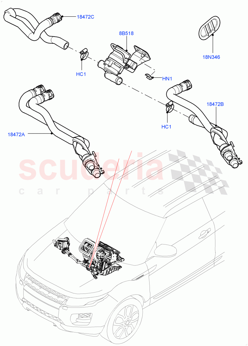 Heater Hoses (2.0L 16V TIVCT T/C 240PS Petrol, Halewood (UK), 2.0L 16V TIVCT T/C Gen2 Petrol) ((V) FROMHH000001) of Land Rover Land Rover Range Rover Evoque (2012-2018) [2.0 Turbo Diesel]