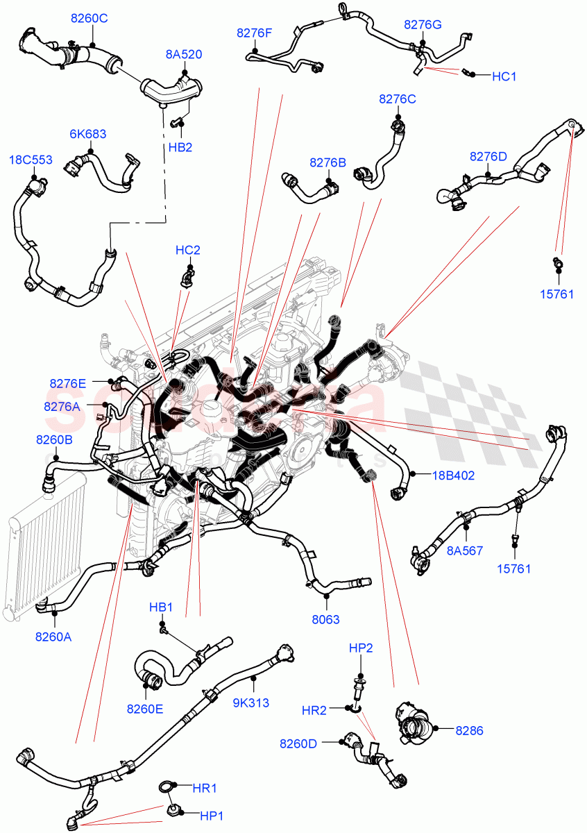 Cooling System Pipes And Hoses (4.4 V8 Turbo Petrol (NC10), With Standard Engine Cooling System) of Land Rover Land Rover Range Rover (2022+) [4.4 V8 Turbo Petrol NC10]