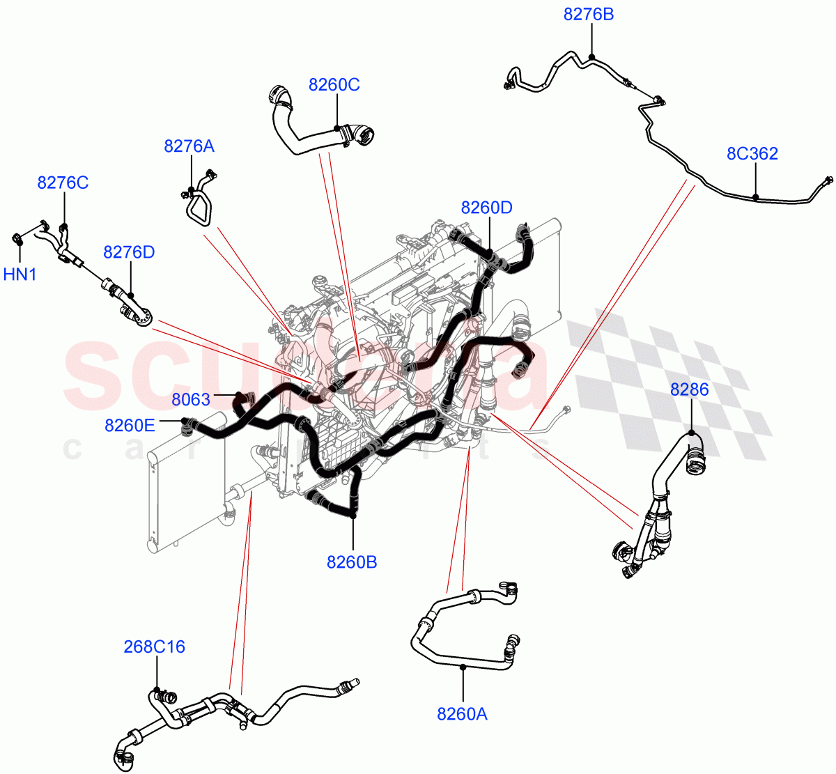 Cooling System Pipes And Hoses (Solihull Plant Build) (2.0L I4 High DOHC AJ200 Petrol) ((V) FROMKA000001, (V) TOLA999999) of Land Rover Land Rover Discovery 5 (2017+) [2.0 Turbo Petrol AJ200P]