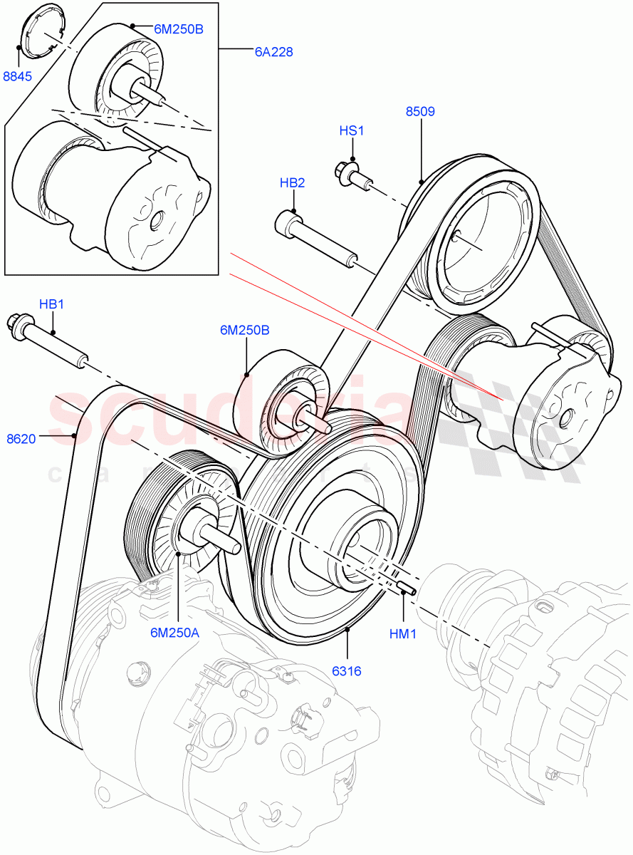 Pulleys And Drive Belts (2.0L I4 High DOHC AJ200 Petrol, 2.0L I4 Mid DOHC AJ200 Petrol, 2.0L I4 Mid AJ200 Petrol E100) ((V) FROMJH000001) of Land Rover Land Rover Discovery Sport (2015+) [2.0 Turbo Petrol AJ200P]