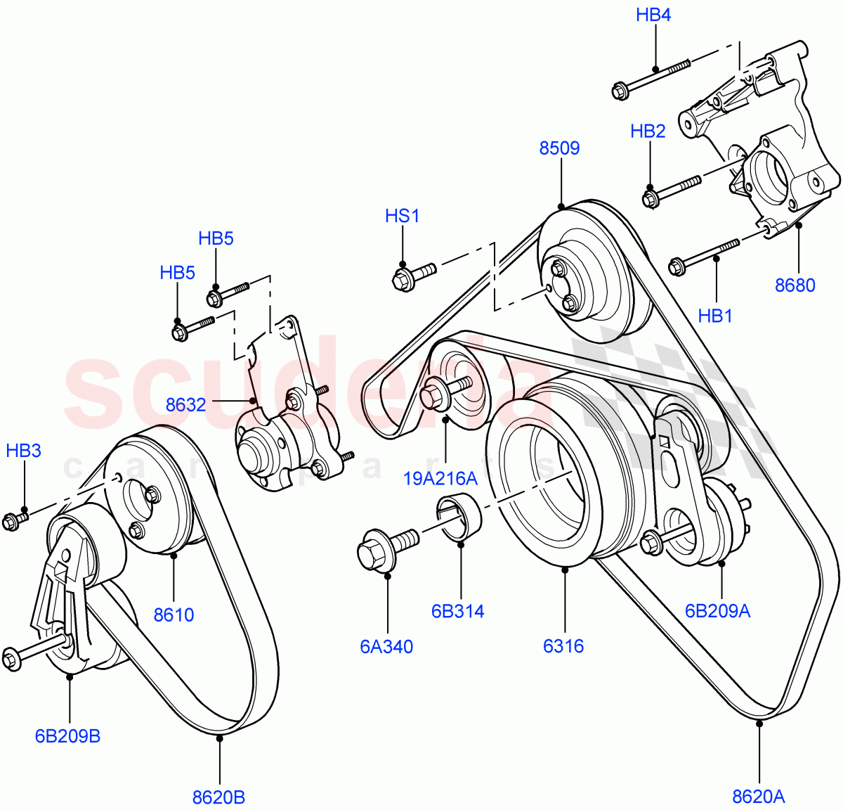 Pulleys And Drive Belts (AJ Petrol 4.4 V8 EFI (220KW), Less Roll Stability Control) of Land Rover Land Rover Range Rover Sport (2005-2009) [4.4 AJ Petrol V8]