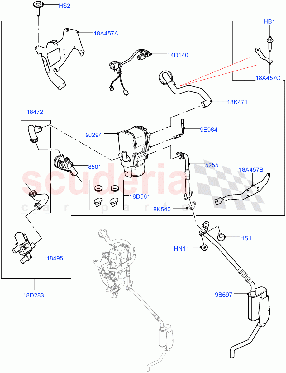 Auxiliary Fuel Fired Pre-Heater (2.0L I4 DSL MID DOHC AJ200, With Fuel Fired Heater, Park Heating With Remote Control, 3.0 V6 D Low MT ROW, 3.0 V6 D Gen2 Mono Turbo, With Park Heating, 2.0L I4 DSL HIGH DOHC AJ200) ((V) FROMJA000001, (V) TOJA999999) of Land Rover Land Rover Discovery 5 (2017+) [3.0 Diesel 24V DOHC TC]