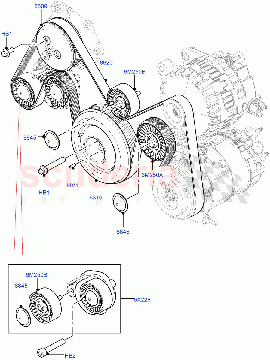 Pulleys And Drive Belts (Solihull Plant Build) (2.0L I4 High DOHC AJ200 Petrol, 2.0L I4 Mid DOHC AJ200 Petrol) ((V) FROMHA000001) of Land Rover Land Rover Range Rover Sport (2014+) [2.0 Turbo Petrol AJ200P]