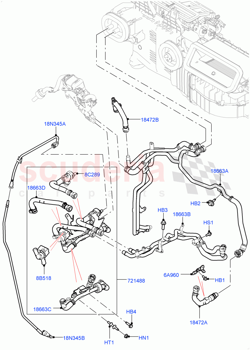 Heater Hoses (Solihull Plant Build) (2.0L I4 High DOHC AJ200 Petrol, With Fuel Fired Heater, With Air Conditioning - Front/Rear) ((V) FROMJA000001, (V) TOJA999999) of Land Rover Land Rover Discovery 5 (2017+) [2.0 Turbo Diesel]