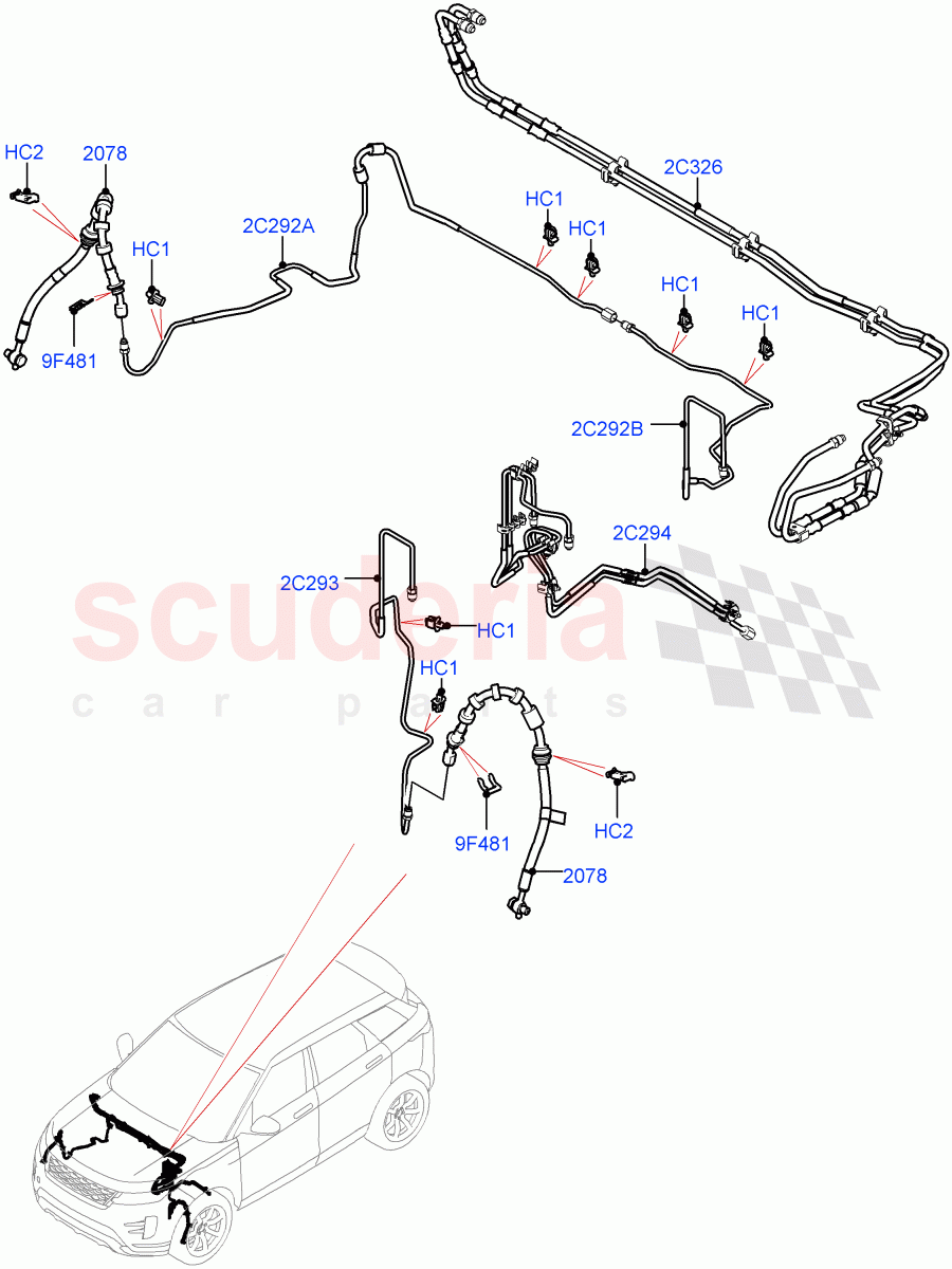 Front Brake Pipes (RHD, Halewood (UK), Electric Engine Battery-MHEV, Less Electric Engine Battery) ((V) TOLH999999) of Land Rover Land Rover Range Rover Evoque (2019+) [2.0 Turbo Diesel AJ21D4]