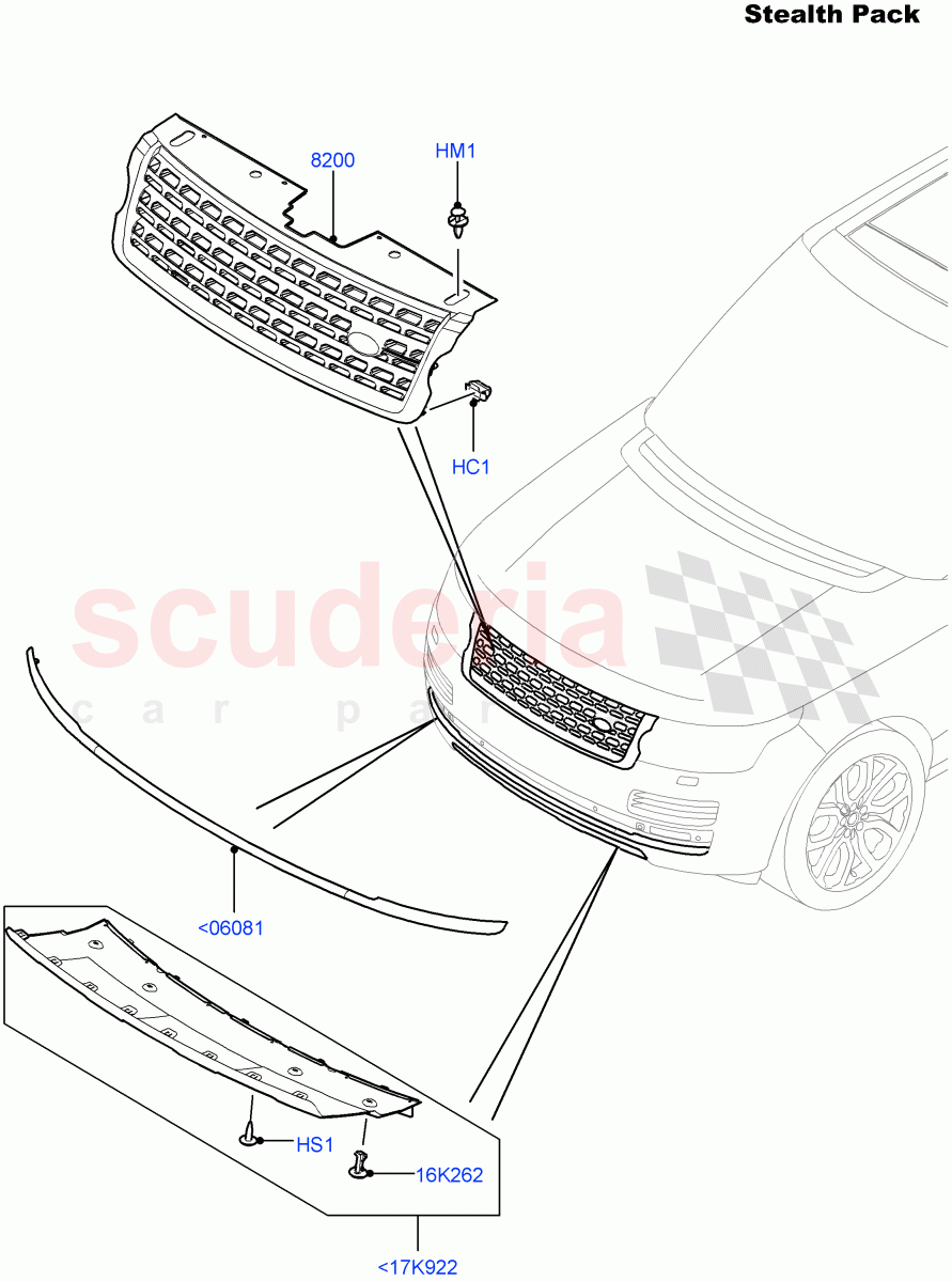 Radiator Grille And Front Bumper(Stealth Pack)((V)FROMEA000001,(V)TOHA999999) of Land Rover Land Rover Range Rover (2012-2021) [3.0 I6 Turbo Diesel AJ20D6]