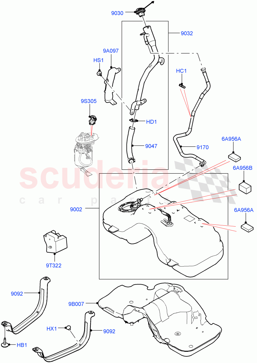 Fuel Tank & Related Parts (2.0L AJ20P4 Petrol Mid PTA, Changsu (China), Pet Tank - Flex Fuel, Fuel Tank Filler Neck - Unleaded, Pet Tank W/O Leak Det - Std Filter) of Land Rover Land Rover Range Rover Evoque (2019+) [2.0 Turbo Petrol AJ200P]