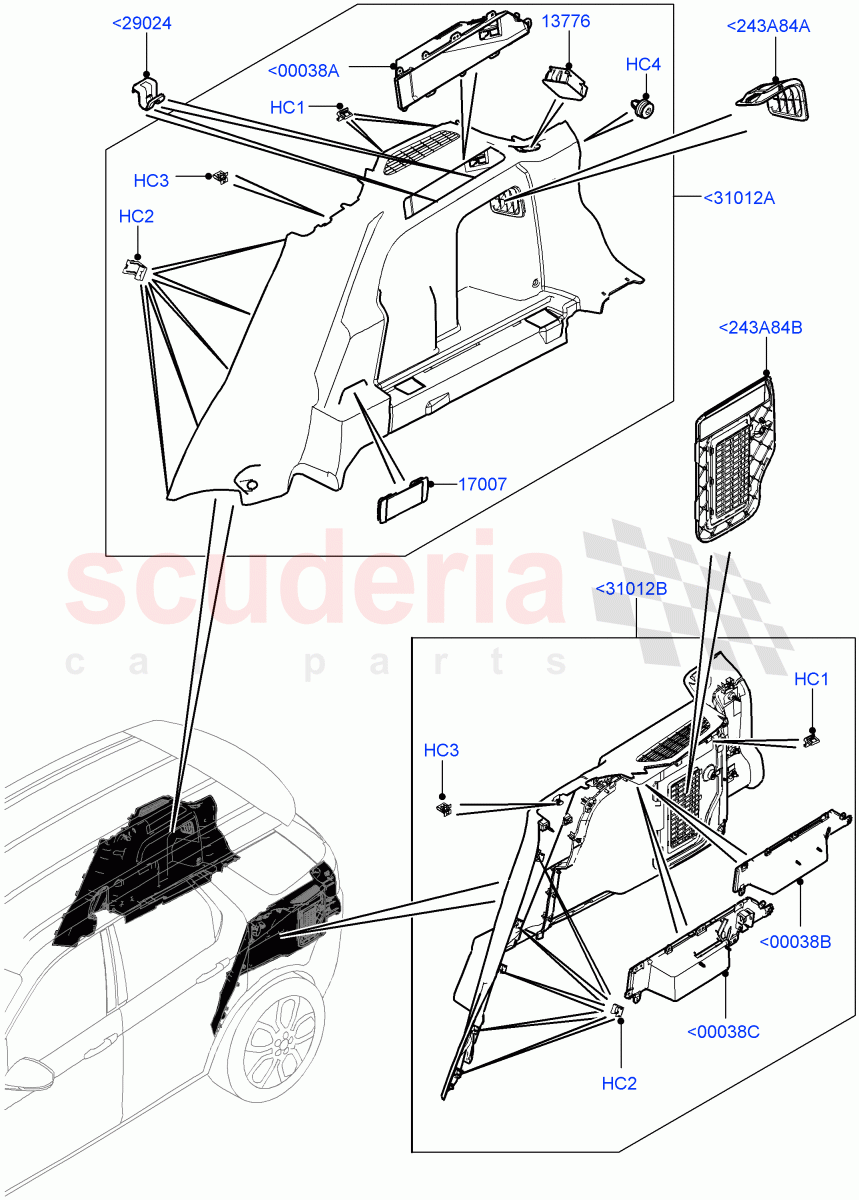 Side Trim (Luggage Compartment) (Halewood (UK), With 60/40 Manual Fold Thru Rr Seat, Less Chiller Unit) of Land Rover Land Rover Discovery Sport (2015+) [1.5 I3 Turbo Petrol AJ20P3]