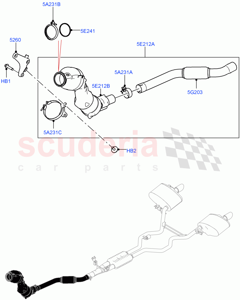 Front Exhaust System (Solihull Plant Build) (2.0L I4 High DOHC AJ200 Petrol, Beijing 6 Petrol Emission, EU6C Emission, 2.0L AJ200P Hi PHEV, EU6D - Final (Petrol) Emission) ((V) FROMJA000001) of Land Rover Land Rover Range Rover (2012-2021) [2.0 Turbo Petrol AJ200P]