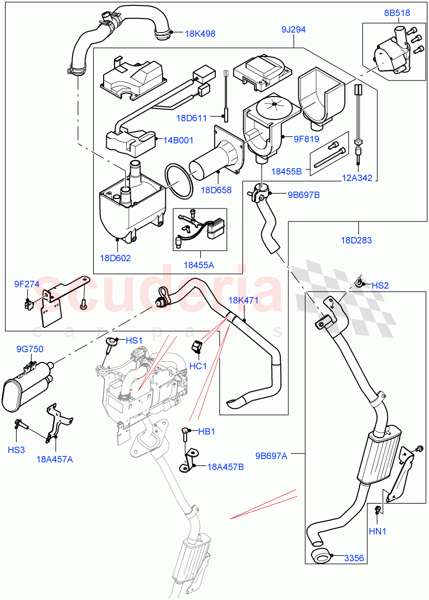 Auxiliary Fuel Fired Pre-Heater (Solihull Plant Build, Heater Components) (Less Auxiliary Coolant Pumps, With Fuel Fired Heater) ((V) FROMHA000001, (V) TOHA999999) of Land Rover Land Rover Discovery 5 (2017+) [3.0 Diesel 24V DOHC TC]