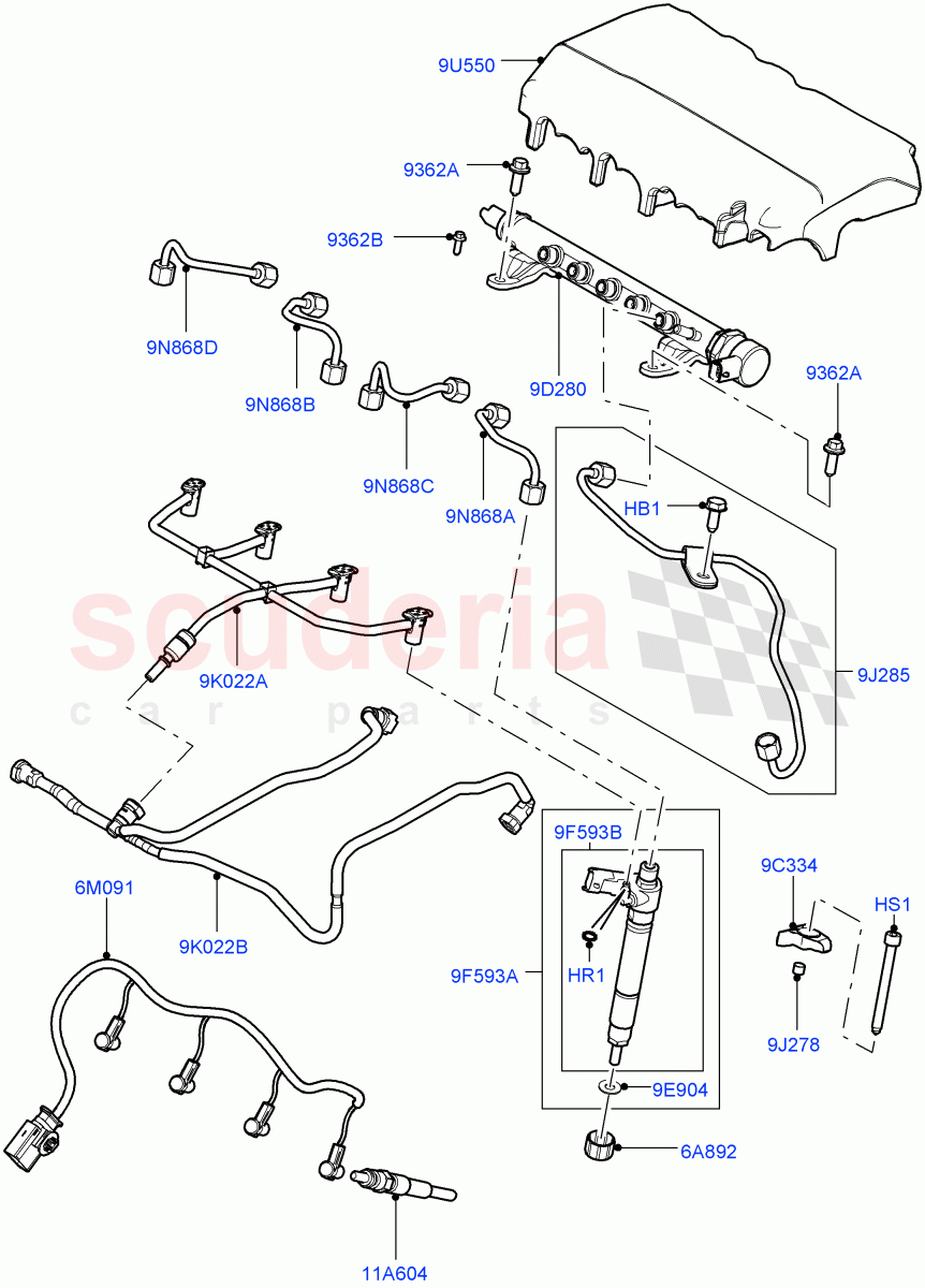 Fuel Injectors And Pipes (2.2L CR DI 16V Diesel, 2.2L DOHC EFI TC DW12) of Land Rover Land Rover Discovery Sport (2015+) [2.2 Single Turbo Diesel]