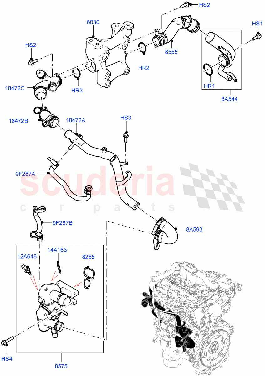 Thermostat/Housing & Related Parts (2.0L AJ20P4 Petrol Mid PTA, Changsu (China)) of Land Rover Land Rover Range Rover Evoque (2019+) [2.0 Turbo Petrol AJ200P]