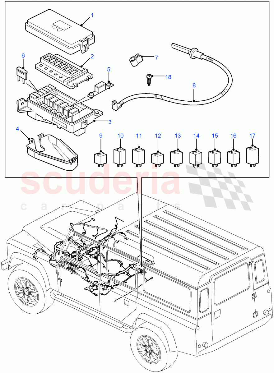 Relays And Fuses ((V) FROM7A000001, (V) TOBA999999) of Land Rover Land Rover Defender (2007-2016)