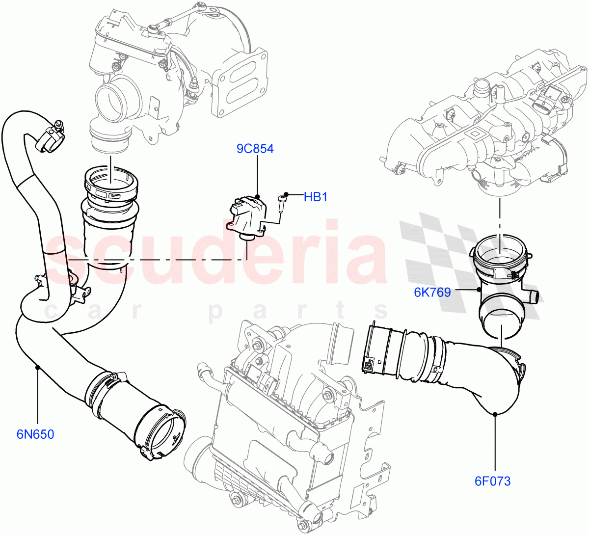 Intercooler/Air Ducts And Hoses (Air Ducts And Hoses, Solihull Plant Build) (2.0L AJ200P Hi PHEV, 2.0L I4 High DOHC AJ200 Petrol) ((V) FROMJA000001, (V) TOLA999999) of Land Rover Land Rover Discovery 5 (2017+) [2.0 Turbo Petrol AJ200P]