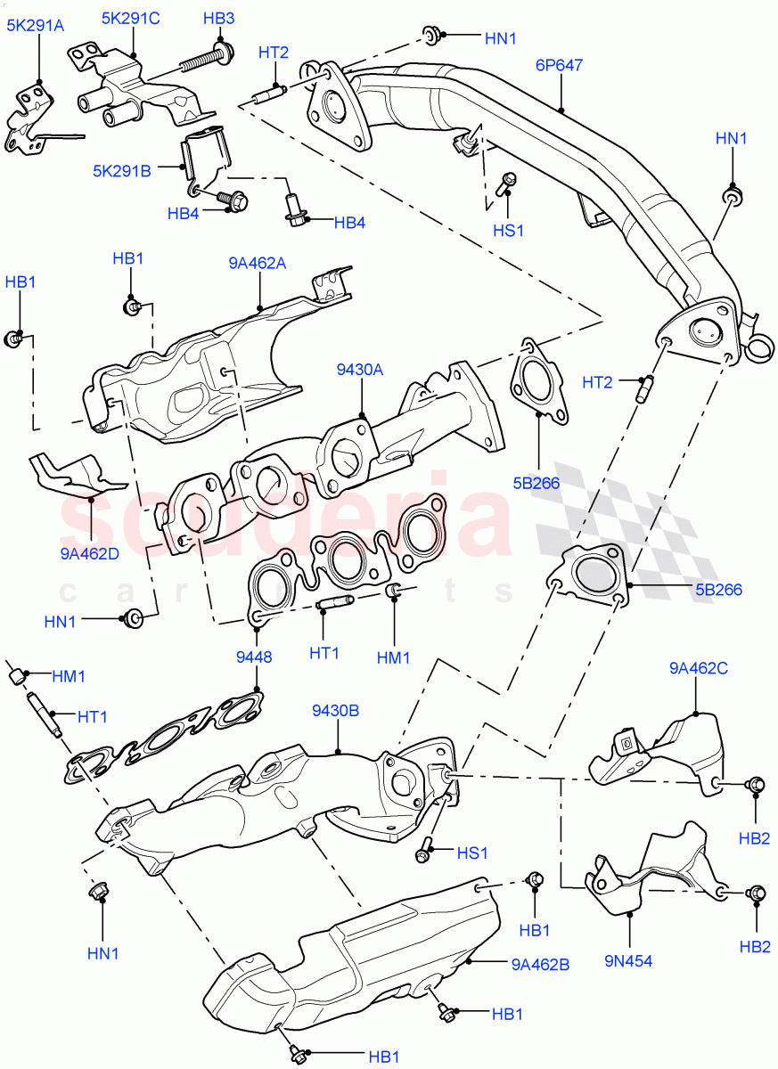 Exhaust Manifold (Solihull Plant Build) (3.0L 24V V6 Turbo Diesel Std Flow, 3.0 V6 Diesel Electric Hybrid Eng, 3.0 V6 D Low MT ROW, 3.0L 24V DOHC V6 TC Diesel, 3.0 V6 D Gen2 Mono Turbo) ((V) FROMAA000001) of Land Rover Land Rover Discovery 5 (2017+) [3.0 Diesel 24V DOHC TC]