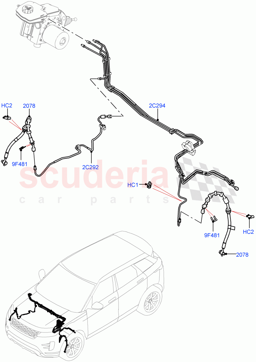 Front Brake Pipes (RHD, Halewood (UK), Less Electric Engine Battery, Electric Engine Battery-MHEV) ((V) FROMMH000001) of Land Rover Land Rover Range Rover Evoque (2019+) [1.5 I3 Turbo Petrol AJ20P3]