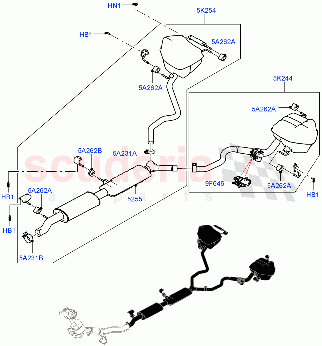 Rear Exhaust System(2.0L AJ20P4 Petrol Mid PTA,Halewood (UK),With 3rd Row Double Seat,Spare Wheel - Reduced Section Steel,2.0L AJ20P4 Petrol E100 PTA)((V)FROMLH000001) of Land Rover Land Rover Discovery Sport (2015+) [2.0 Turbo Petrol AJ200P]