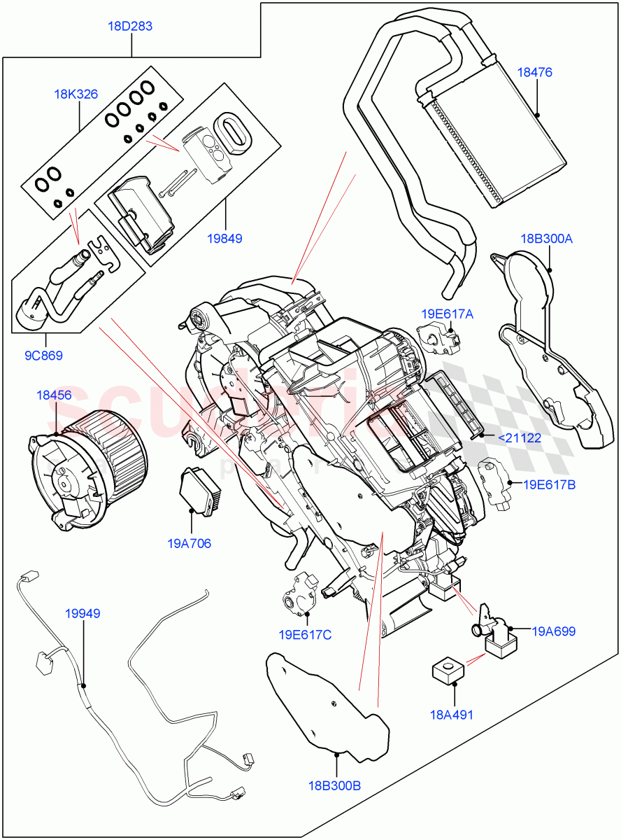 Heater/Air Cond.Internal Components (Auxiliary Heater, Solihull Plant Build) (Premium Air Conditioning-Front/Rear) ((V) FROMKA000001) of Land Rover Land Rover Discovery 5 (2017+) [3.0 I6 Turbo Diesel AJ20D6]
