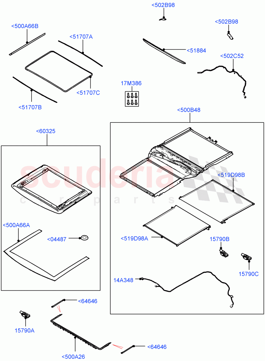 Sliding Roof Mechanism And Controls(Solihull Plant Build, Sunroof Frame)(Roof Conv-Power Open Front/Rear Pan,With Roof Conversion-Panorama Power)((V)FROMHA000001,(V)TOHA999999) of Land Rover Land Rover Discovery 5 (2017+) [3.0 I6 Turbo Diesel AJ20D6]