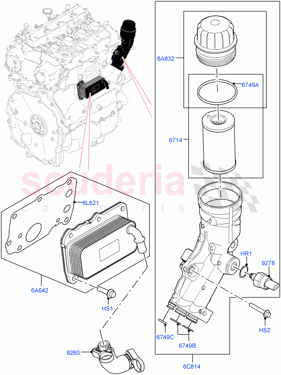 Oil Cooler And Filter (2.0L AJ20P4 Petrol Mid PTA, Itatiaia (Brazil), 2.0L AJ20P4 Petrol High PTA, 2.0L AJ20P4 Petrol E100 PTA) of Land Rover Land Rover Range Rover Evoque (2019+) [2.0 Turbo Petrol AJ200P]