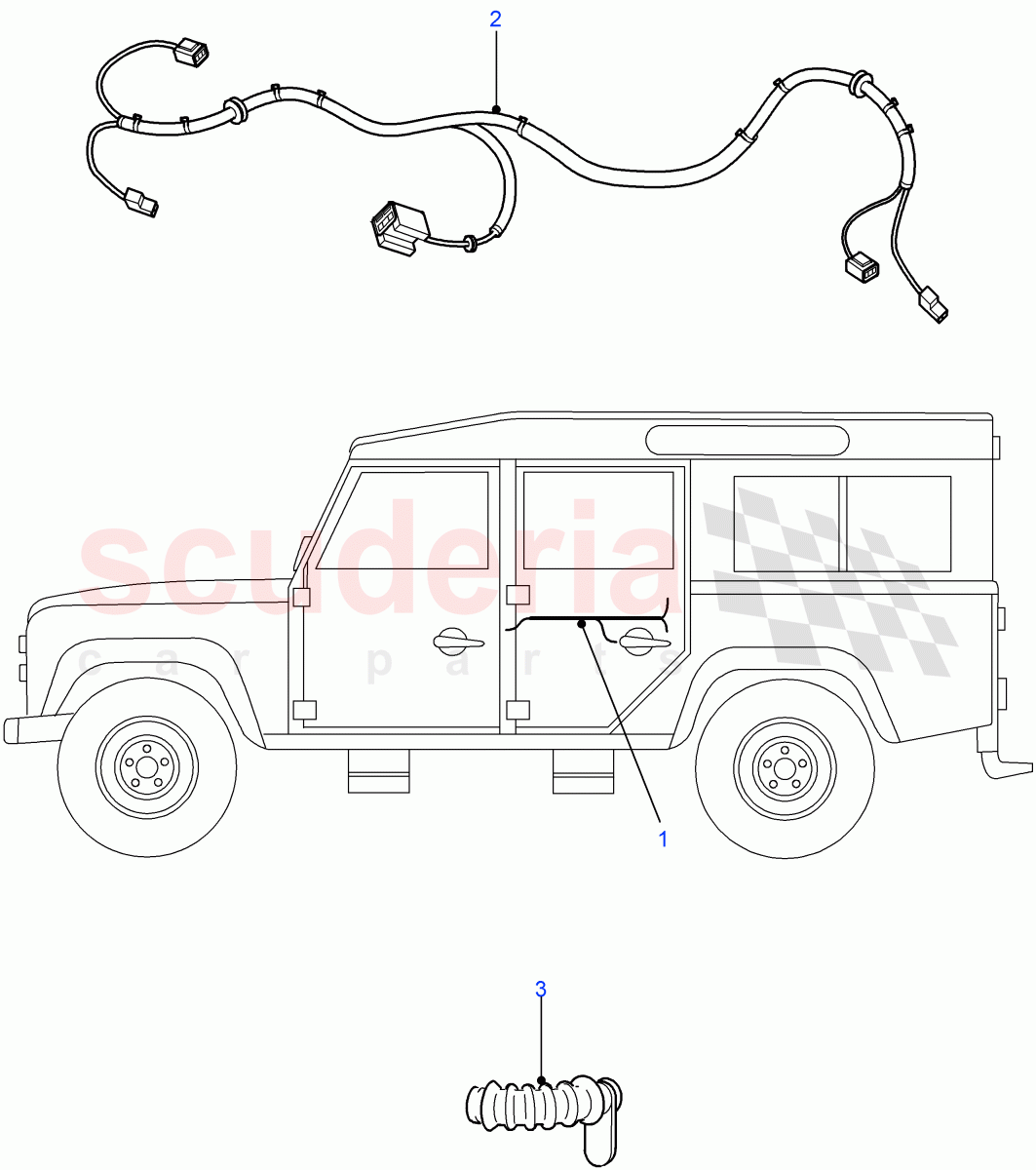 Harness-Door Rear (Crew Cab Pick Up, 110" Wheelbase, Chassis Crew Cab, 130" Wheelbase, Station Wagon - 5 Door, Crew Cab HCPU) ((V) FROM7A000001) of Land Rover Land Rover Defender (2007-2016)