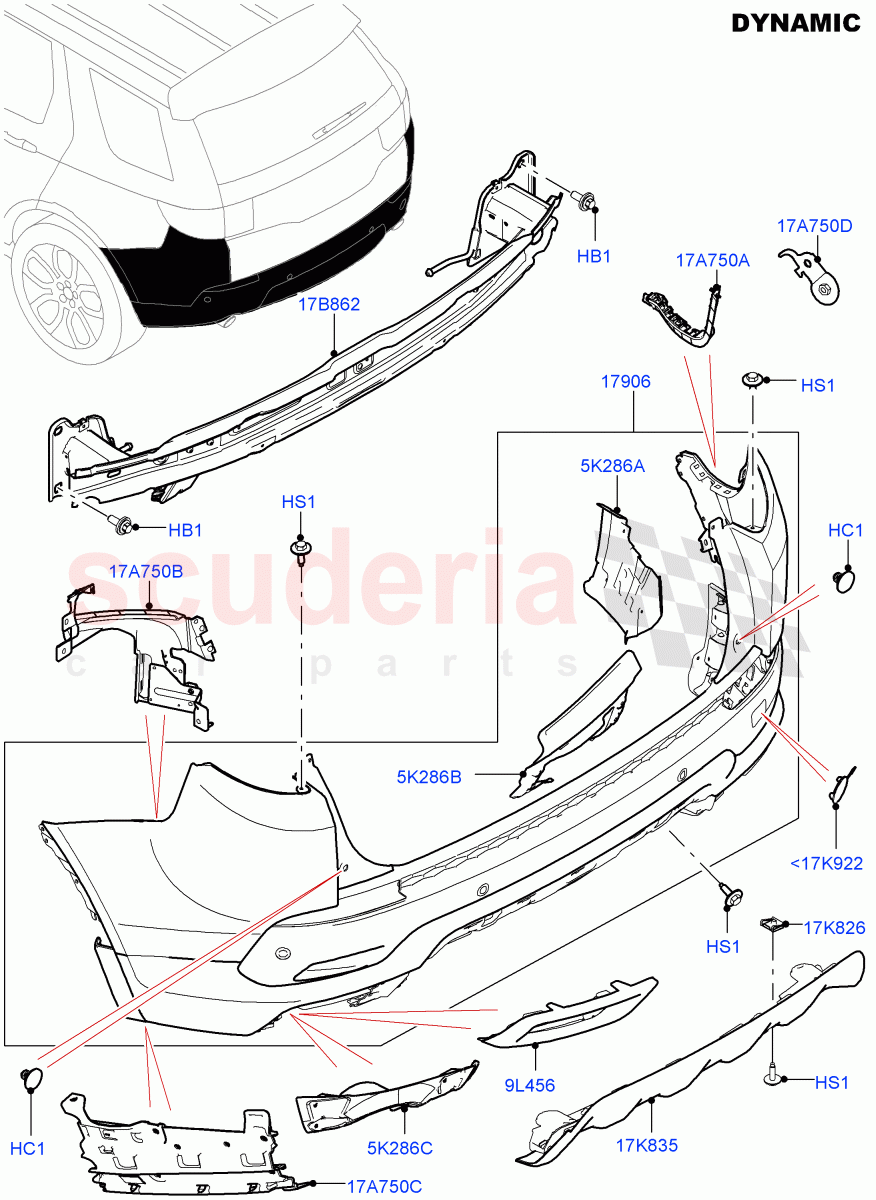 Rear Bumper (Dynamic Pack) (Halewood (UK), Front Bumper - Sport - Body Colour, Rear Bumper - Sport - Body Colour) ((V) FROMGH000001, (V) TOKH999999) of Land Rover Land Rover Discovery Sport (2015+) [2.0 Turbo Petrol GTDI]
