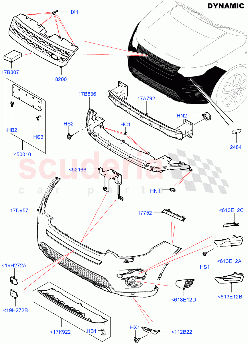 Radiator Grille And Front Bumper (Dynamic Pack) (Halewood (UK), Front Bumper - Sport - Body Colour) ((V) FROMGH000001, (V) TOKH999999) of Land Rover Land Rover Discovery Sport (2015+) [2.2 Single Turbo Diesel]