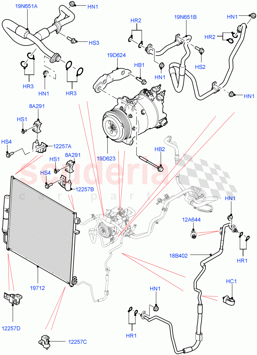 Air Conditioning Condensr/Compressr (Front, Nitra Plant Build) (3.0 V6 D Gen2 Mono Turbo, 3.0 V6 D Gen2 Twin Turbo, 3.0 V6 D Low MT ROW) ((V) FROMK2000001, (V) TOL2999999) of Land Rover Land Rover Discovery 5 (2017+) [3.0 I6 Turbo Diesel AJ20D6]